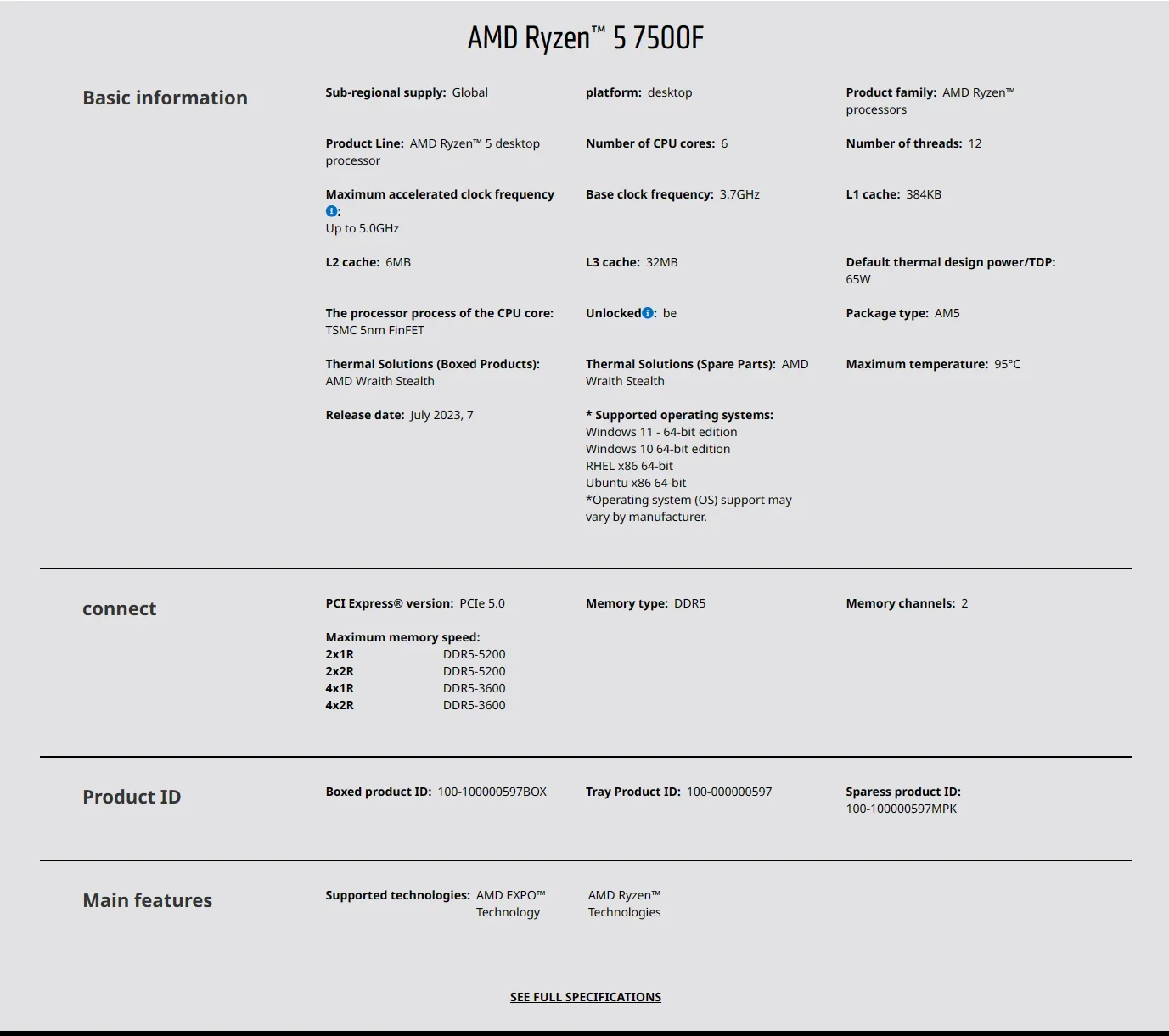 AMD Ryzen 5 7500F AM5 5nm Gami - Pc Gaming Ddr5 avis et prix