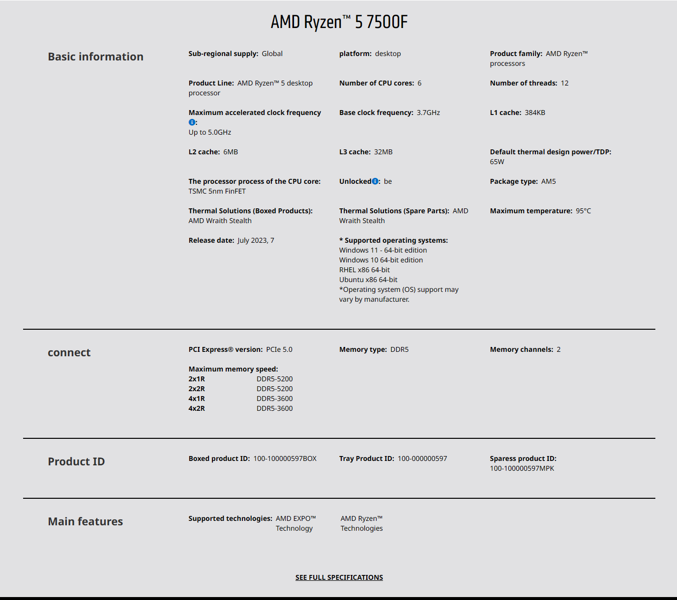 AMD Ryzen 5 7500F CPU AMD R5 7 - Pc Gaming Ddr5 avis et prix
