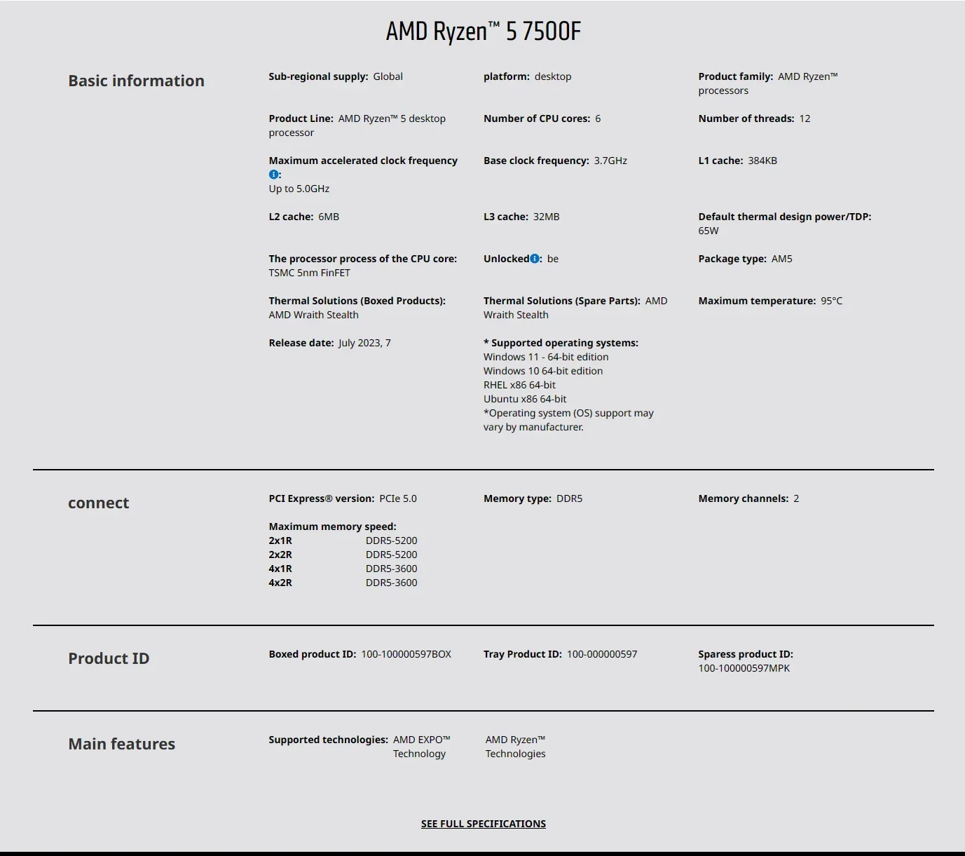AMD Ryzen 5 7500F 3.7GHz 6-Cor - Pc Gaming Ddr5 avis et prix